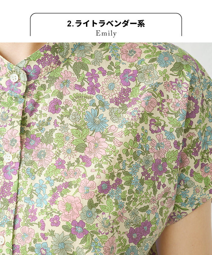 [リバティブラウス半袖レディース大人服]コットン100%リバティプリントバンドカラーフレンチスリーブシャツ/日本製40代50代60代30代女性ファッション夏トップス服リバティプリントリバティーlibertyタナローン
