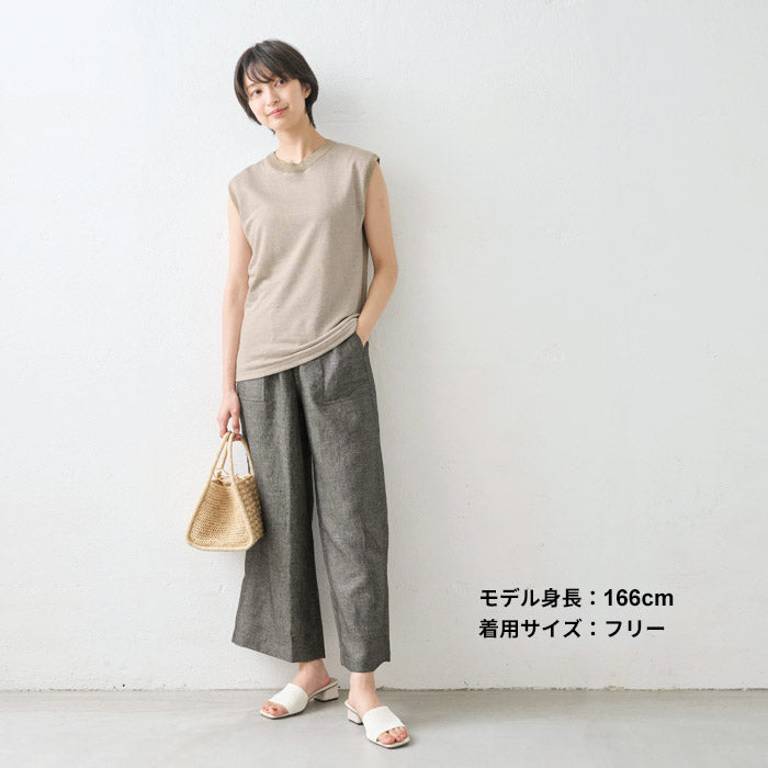 [ノースリーブリネン麻トップス夏無地]プレミアムヘビーリネン100%リブ使いTシャツ/日本製40代50代60代女性ファッション麻100％カットソーレディース大人涼しい吸汗速乾抗菌リブきれいめ吸汗速乾タンクトップ