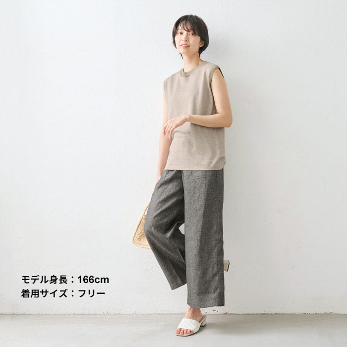 [ノースリーブリネン麻トップス夏無地]プレミアムヘビーリネン100%リブ使いTシャツ/日本製40代50代60代女性ファッション麻100％カットソーレディース大人涼しい吸汗速乾抗菌リブきれいめ吸汗速乾タンクトップ