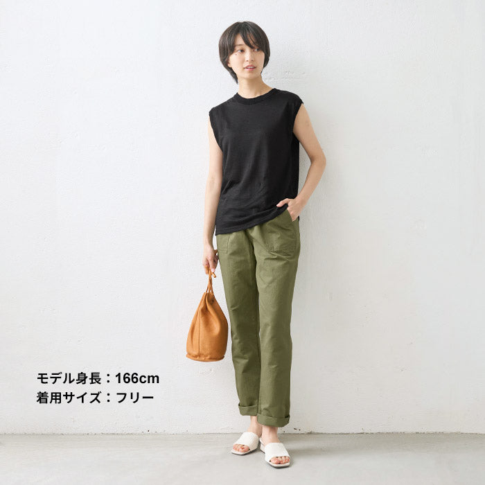 [ノースリーブリネン麻トップス夏無地]プレミアムヘビーリネン100%リブ使いTシャツ/日本製40代50代60代女性ファッション麻100％カットソーレディース大人涼しい吸汗速乾抗菌リブきれいめ吸汗速乾タンクトップ