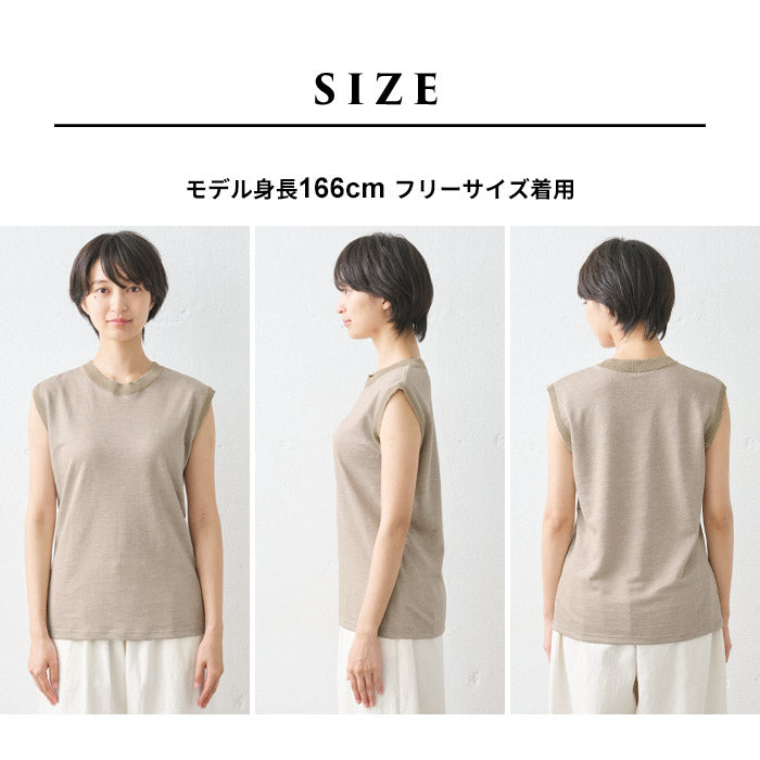 [ノースリーブリネン麻トップス夏無地]プレミアムヘビーリネン100%リブ使いTシャツ/日本製40代50代60代女性ファッション麻100％カットソーレディース大人涼しい吸汗速乾抗菌リブきれいめ吸汗速乾タンクトップ