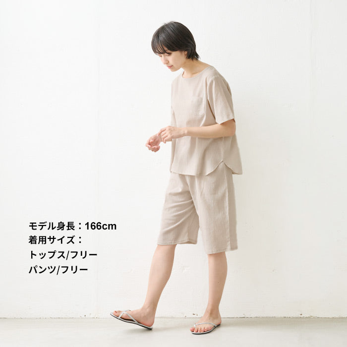 [高島ちぢみ涼しいパジャマレディース半袖]綿麻高島ちぢみTブラウス+ルームパンツ2点セット/日本製40代50代60代30代女性婦人ルームウェア上下セット部屋着寝間着ハーフパンツショートパンツステテコセットアップ涼しい速乾ギフト