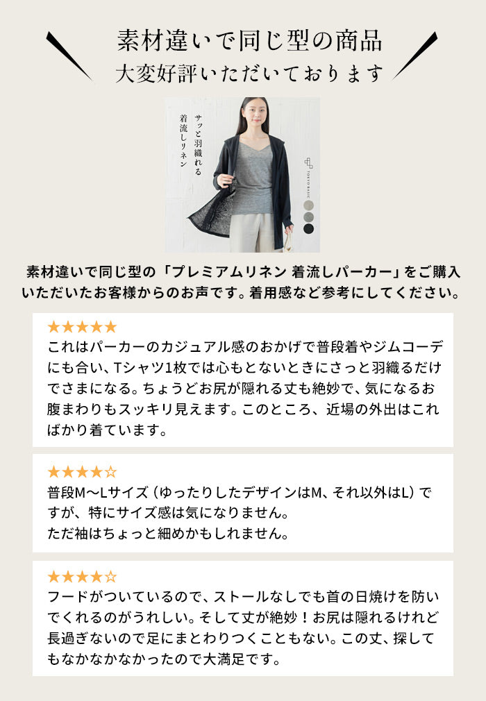 【新作】[カーディガン薄手夏用夏春夏シアーロング]コットン100％薄手強撚ガーゼ着流しフードパーカー/日本製40代50代30代60代女性ロングカーディガンフード付ききれいめコットン綿綿100％涼しい冷房対策体型カバー羽織り日焼け防止日よけ