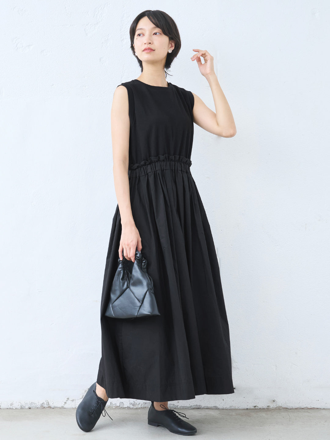 ウエストギャザー コンビワンピース