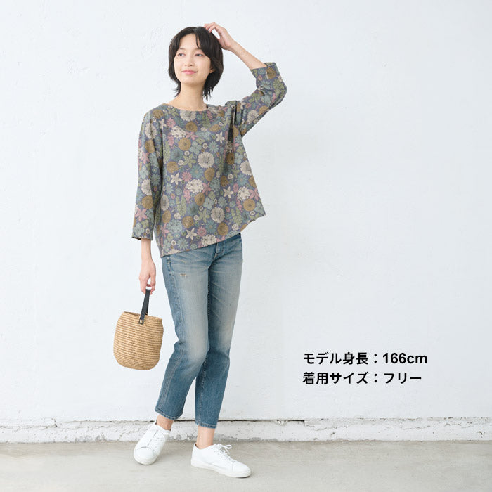 [ブラウスレディースおしゃれ長袖花柄]リバティリネンコットン七分袖ブラウス/日本製40代50代60代30代女性ファッショントップス綿麻リバティプリントゆったり大きめLIBERTYHamptonsBouquet