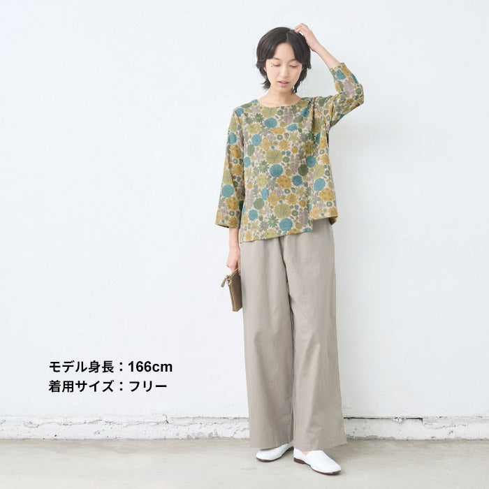 [ワイドパンツレディース綿麻]静岡染めリネンコットンワイドパンツ/日本製40代50代60代30代女性ファッションきれいめリネンコットンイージーパンツウエストゴム春夏秋麻綿ポケット付き無地薄手