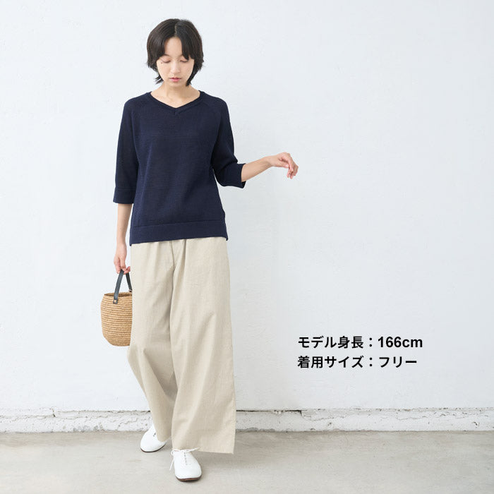 [ワイドパンツレディース綿麻]静岡染めリネンコットンワイドパンツ/日本製40代50代60代30代女性ファッションきれいめリネンコットンイージーパンツウエストゴム春夏秋麻綿ポケット付き無地薄手