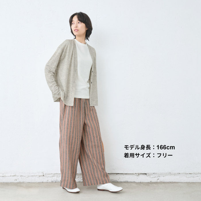 [ワイドパンツレディースストライプ綿麻]先染めリネンストライプワイドパンツ/日本製40代50代60代30代女性ファッションきれいめリネンコットン総柄イージーパンツウエストゴム春夏秋麻綿ポケット付き薄手