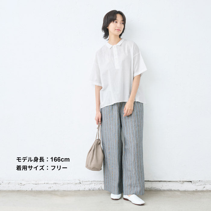 [ワイドパンツレディースストライプ綿麻]先染めリネンストライプワイドパンツ/日本製40代50代60代30代女性ファッションきれいめリネンコットン総柄イージーパンツウエストゴム春夏秋麻綿ポケット付き薄手