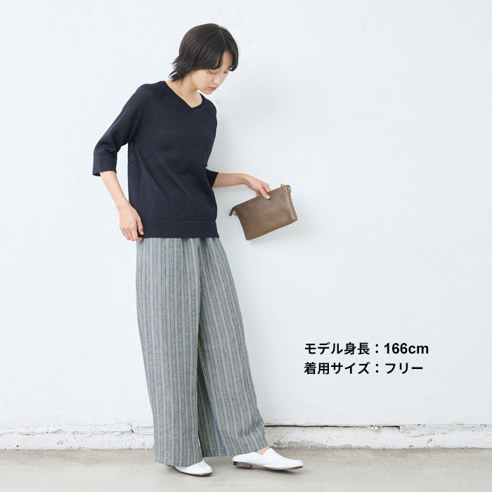 [ワイドパンツレディースストライプ綿麻]先染めリネンストライプワイドパンツ/日本製40代50代60代30代女性ファッションきれいめリネンコットン総柄イージーパンツウエストゴム春夏秋麻綿ポケット付き薄手