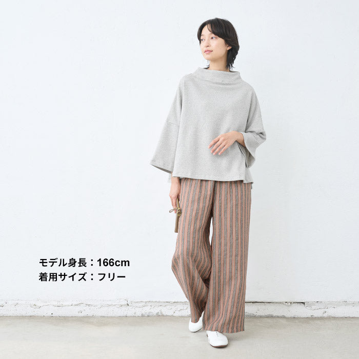 [ワイドパンツレディースストライプ綿麻]先染めリネンストライプワイドパンツ/日本製40代50代60代30代女性ファッションきれいめリネンコットン総柄イージーパンツウエストゴム春夏秋麻綿ポケット付き薄手