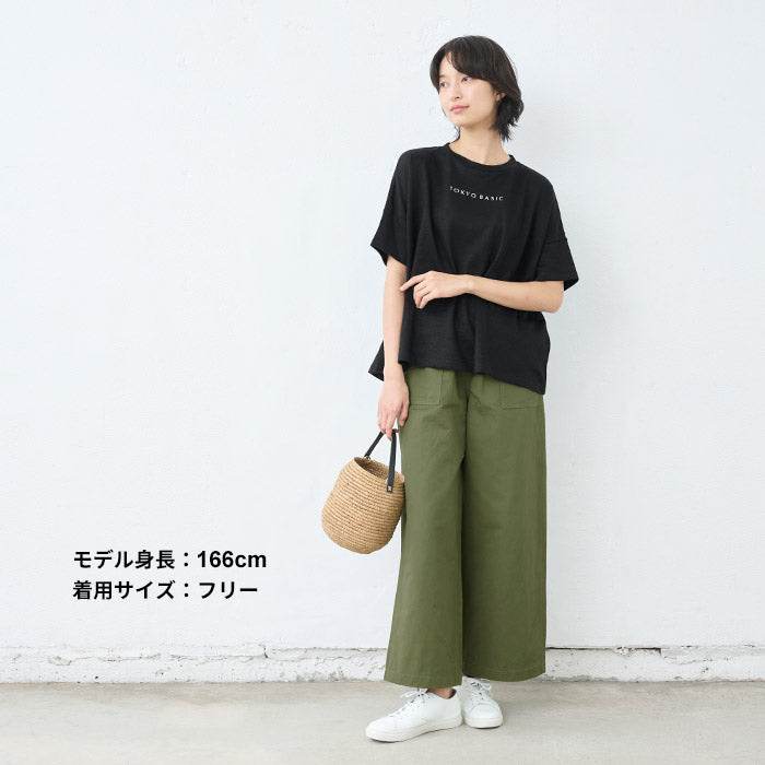 [Tシャツレディース半袖ゆったり]プレミアムヘビーリネン100％ドロップショルダー刺繍Tシャツ/日本製40代50代60代30代女性リネン麻麻100カジュアル大きいサイズ無地シンプル大人服春夏秋ロゴトップス