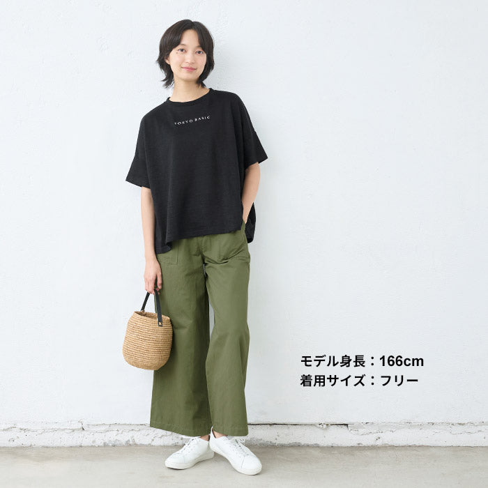 [Tシャツレディース半袖ゆったり]プレミアムヘビーリネン100％ドロップショルダー刺繍Tシャツ/日本製40代50代60代30代女性リネン麻麻100カジュアル大きいサイズ無地シンプル大人服春夏秋ロゴトップス