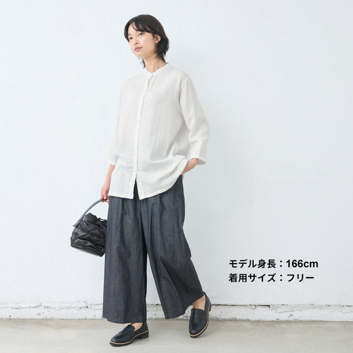 [シャツレディース長袖コットンリネン]ダブルガーゼバンドカラーチュニック/日本製40代50代60代30代女性七分袖7分袖無地白ホワイト綿麻トップスゆったりきれいめ体型カバー春秋冬秋冬天然素材オフィス