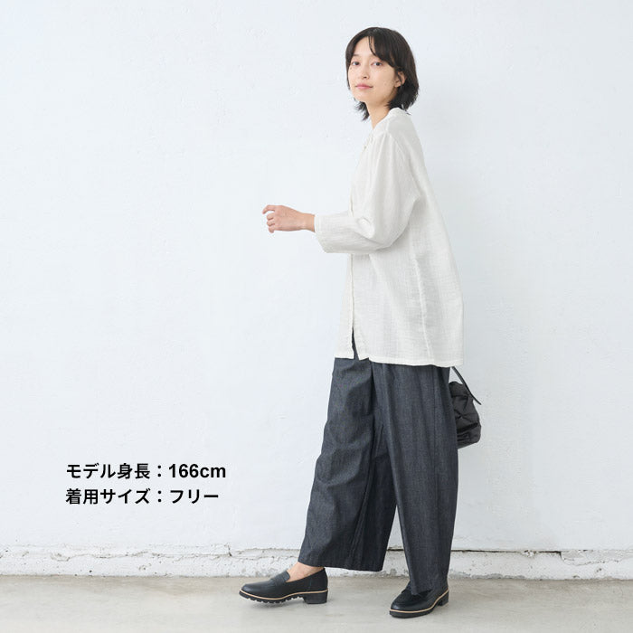 [シャツレディース長袖コットンリネン]ダブルガーゼバンドカラーチュニック/日本製40代50代60代30代女性七分袖7分袖無地白ホワイト綿麻トップスゆったりきれいめ体型カバー春秋冬秋冬天然素材オフィス