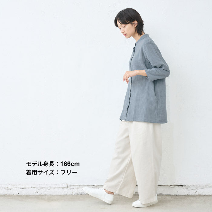 [シャツレディース長袖コットンリネン]ダブルガーゼバンドカラーチュニック/日本製40代50代60代30代女性七分袖7分袖無地白ホワイト綿麻トップスゆったりきれいめ体型カバー春秋冬秋冬天然素材オフィス