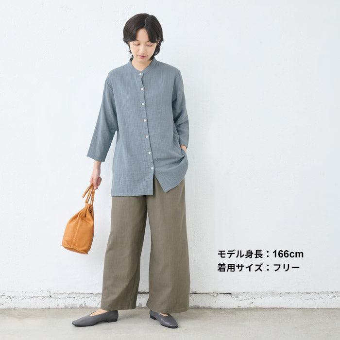 [シャツレディース長袖コットンリネン]ダブルガーゼバンドカラーチュニック/日本製40代50代60代30代女性七分袖7分袖無地白ホワイト綿麻トップスゆったりきれいめ体型カバー春秋冬秋冬天然素材オフィス