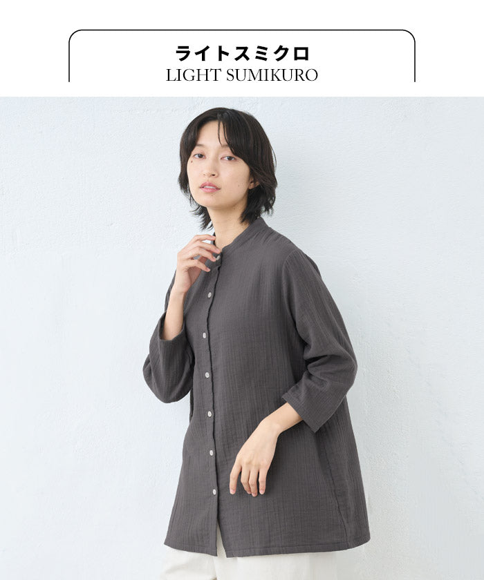 [シャツレディース長袖コットンリネン]ダブルガーゼバンドカラーチュニック/日本製40代50代60代30代女性七分袖7分袖無地白ホワイト綿麻トップスゆったりきれいめ体型カバー春秋冬秋冬天然素材オフィス