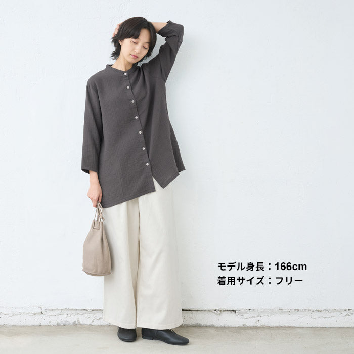 [シャツレディース長袖コットンリネン]ダブルガーゼバンドカラーチュニック/日本製40代50代60代30代女性七分袖7分袖無地白ホワイト綿麻トップスゆったりきれいめ体型カバー春秋冬秋冬天然素材オフィス