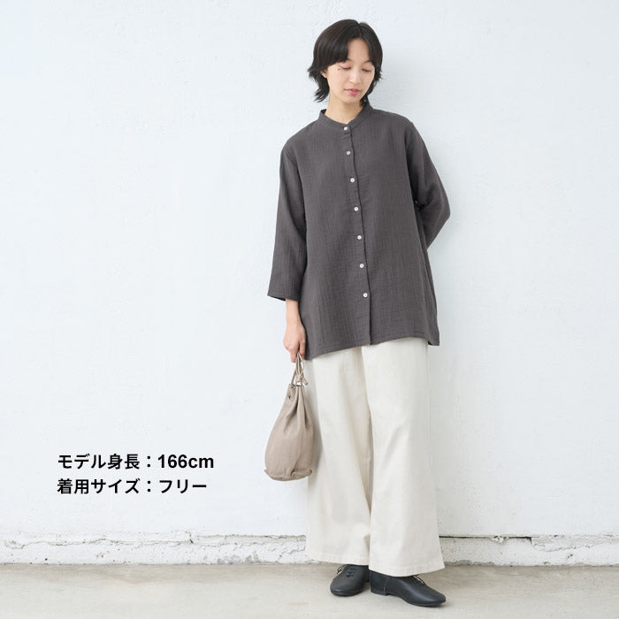 [シャツレディース長袖コットンリネン]ダブルガーゼバンドカラーチュニック/日本製40代50代60代30代女性七分袖7分袖無地白ホワイト綿麻トップスゆったりきれいめ体型カバー春秋冬秋冬天然素材オフィス