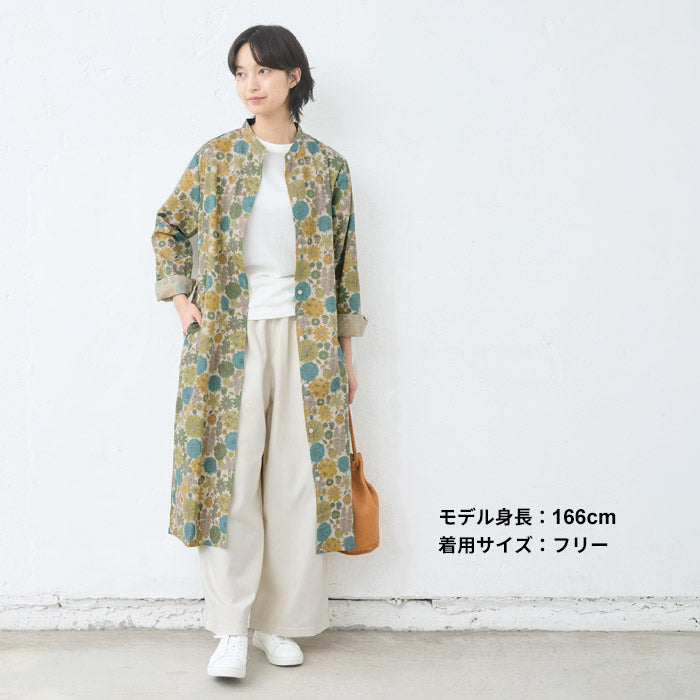 [ワンピースレディースおしゃれ長袖花柄]リバティリネンコットンバンドカラーワンピース/日本製40代50代60代30代女性ファッションワンピ綿麻リバティプリントゆったり大きめHOKKOHLIBERTYHamptonsBouquet