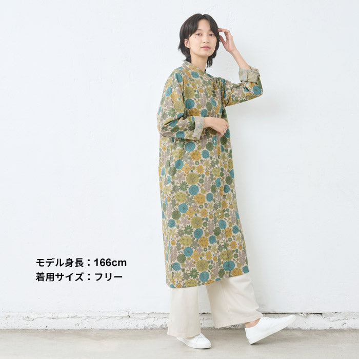 [ワンピースレディースおしゃれ長袖花柄]リバティリネンコットンバンドカラーワンピース/日本製40代50代60代30代女性ファッションワンピ綿麻リバティプリントゆったり大きめHOKKOHLIBERTYHamptonsBouquet