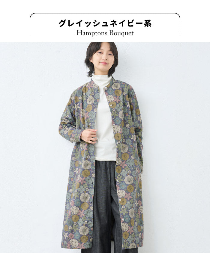 [ワンピースレディースおしゃれ長袖花柄]リバティリネンコットンバンドカラーワンピース/日本製40代50代60代30代女性ファッションワンピ綿麻リバティプリントゆったり大きめHOKKOHLIBERTYHamptonsBouquet