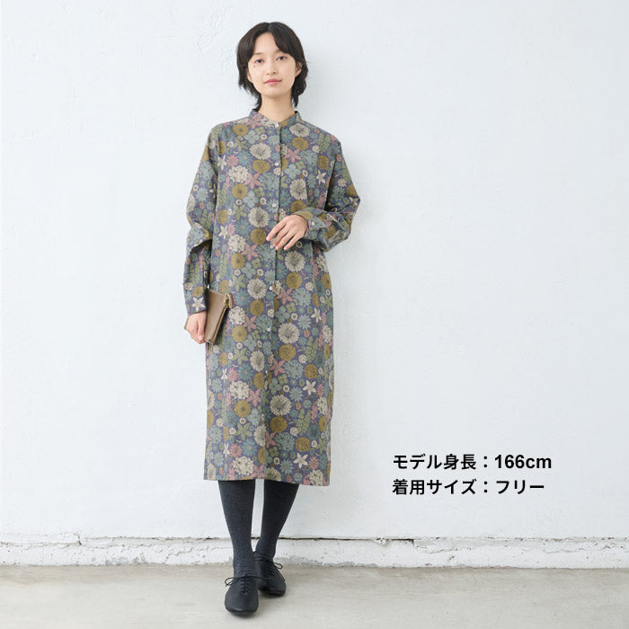 [ワンピースレディースおしゃれ長袖花柄]リバティリネンコットンバンドカラーワンピース/日本製40代50代60代30代女性ファッションワンピ綿麻リバティプリントゆったり大きめHOKKOHLIBERTYHamptonsBouquet