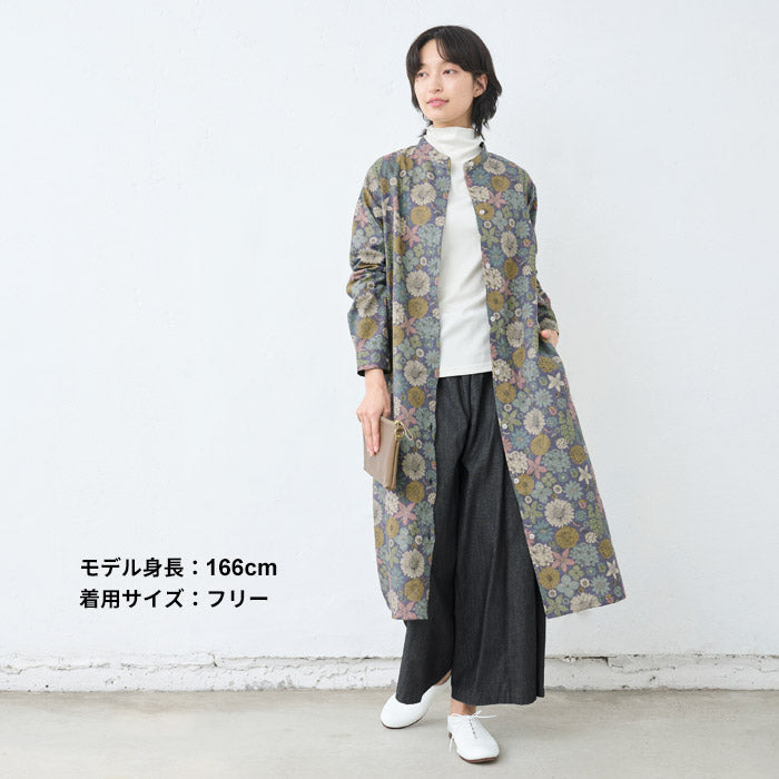 [ワンピースレディースおしゃれ長袖花柄]リバティリネンコットンバンドカラーワンピース/日本製40代50代60代30代女性ファッションワンピ綿麻リバティプリントゆったり大きめHOKKOHLIBERTYHamptonsBouquet