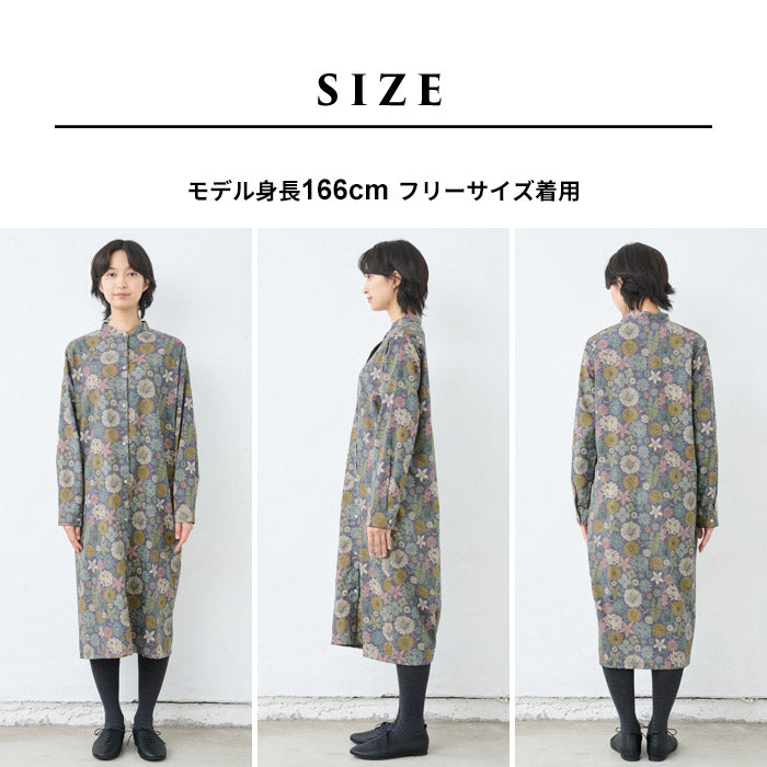 [ワンピースレディースおしゃれ長袖花柄]リバティリネンコットンバンドカラーワンピース/日本製40代50代60代30代女性ファッションワンピ綿麻リバティプリントゆったり大きめHOKKOHLIBERTYHamptonsBouquet