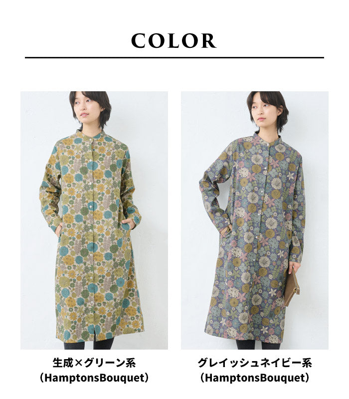 [ワンピースレディースおしゃれ長袖花柄]リバティリネンコットンバンドカラーワンピース/日本製40代50代60代30代女性ファッションワンピ綿麻リバティプリントゆったり大きめHOKKOHLIBERTYHamptonsBouquet