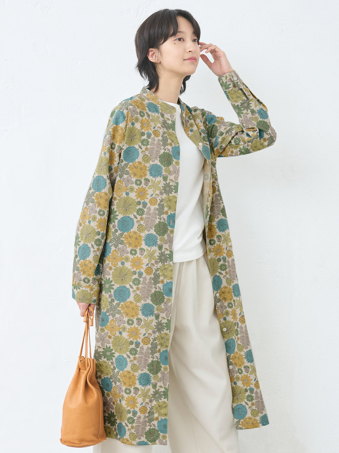 リバティ リネンコットン バンドカラー ワンピース