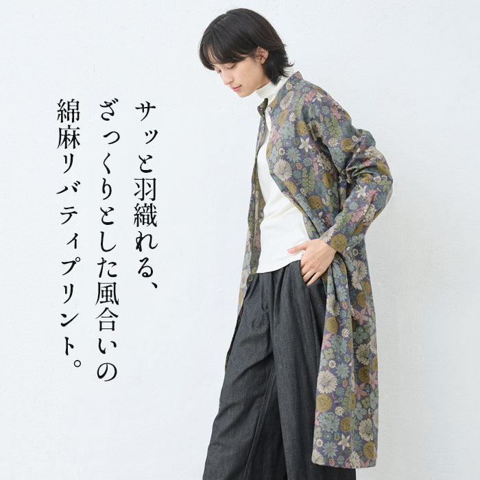 [ワンピースレディースおしゃれ長袖花柄]リバティリネンコットンバンドカラーワンピース/日本製40代50代60代30代女性ファッションワンピ綿麻リバティプリントゆったり大きめHOKKOHLIBERTYHamptonsBouquet