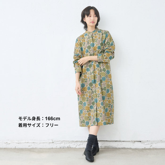 [ワンピースレディースおしゃれ長袖花柄]リバティリネンコットンバンドカラーワンピース/日本製40代50代60代30代女性ファッションワンピ綿麻リバティプリントゆったり大きめHOKKOHLIBERTYHamptonsBouquet