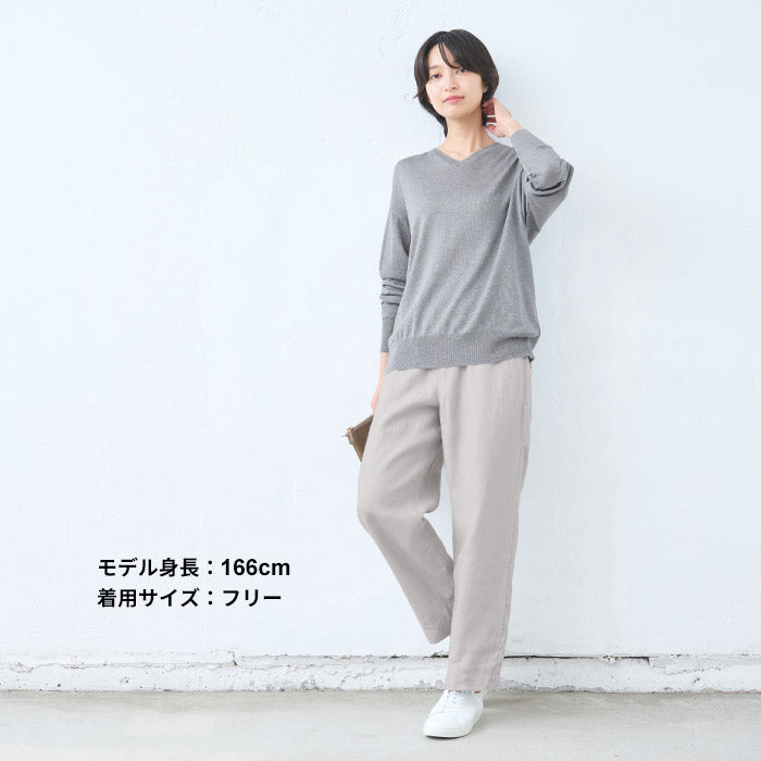 [リネン起毛パンツレディース秋冬]ジャパンリネン100％起毛セミワイドパンツ/日本製40代50代60代ワイドパンツ女性ゆったりきれいめリネン100％麻100％リネン麻天然素材ウエストゴム秋冬春