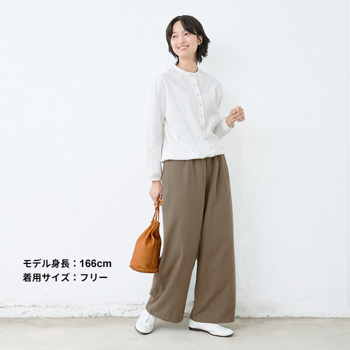 [ワイドパンツレディースきれいめ秋冬上品]やわらか甘撚りコットン起毛ワイドパンツ/日本製40代50代60代30代女性ファッションイージーパンツウエストゴムコットン100％綿綿100％秋冬綿ポケット付き無地大きいサイズ