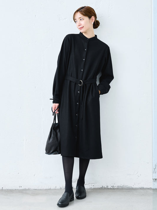 圧縮ウール100% ベルト付き バンドカラー シャツワンピース