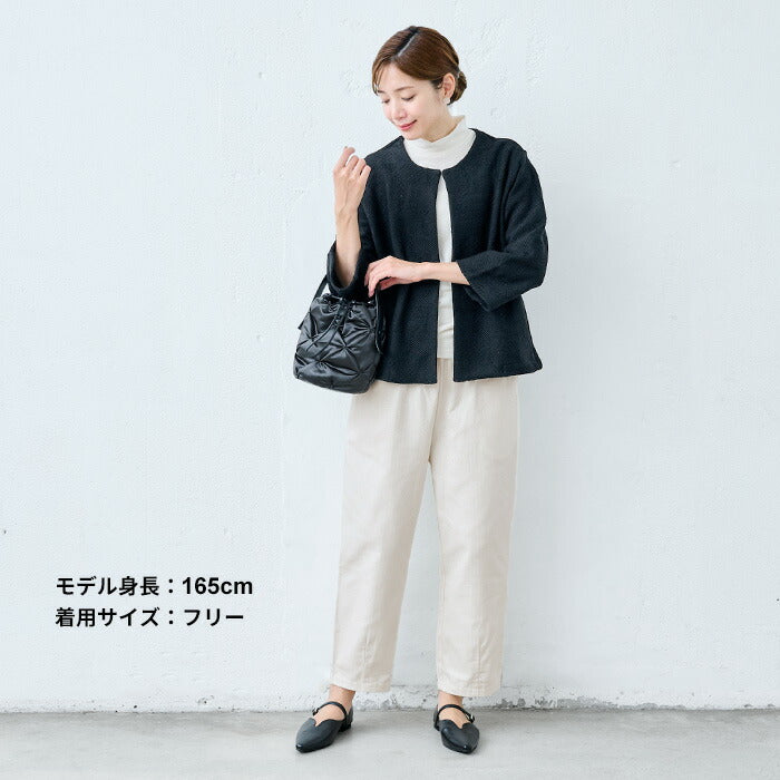 [バルーンパンツレディース50代]コットン100%しっかり厚手ヘリンボンクロップドバルーンパンツ/日本製40代60代30代女性ファッションウエストゴムポケット付ワイドパンツカジュアル秋冬春夏綿100％コットン体型カバーゆったり