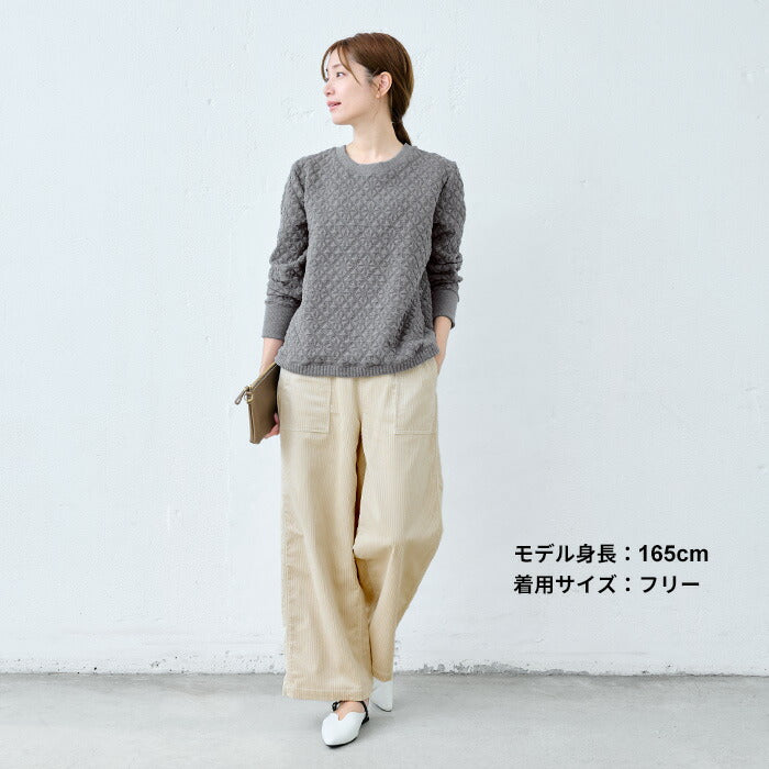 [トレーナーレディースおしゃれ厚手]尾州産ストレッチキルト幾何学柄リブ使いトレーナー/日本製40代50代60代女性ファッションキルティングトレーナー中綿プルオーバーコットン綿ゆったりかわいい長袖きれいめシンプル