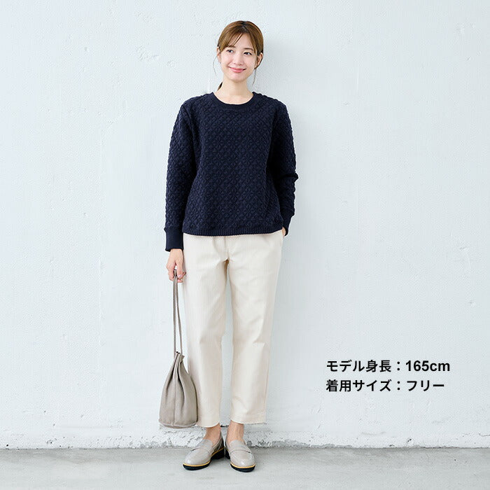 [トレーナーレディースおしゃれ厚手]尾州産ストレッチキルト幾何学柄リブ使いトレーナー/日本製40代50代60代女性ファッションキルティングトレーナー中綿プルオーバーコットン綿ゆったりかわいい長袖きれいめシンプル