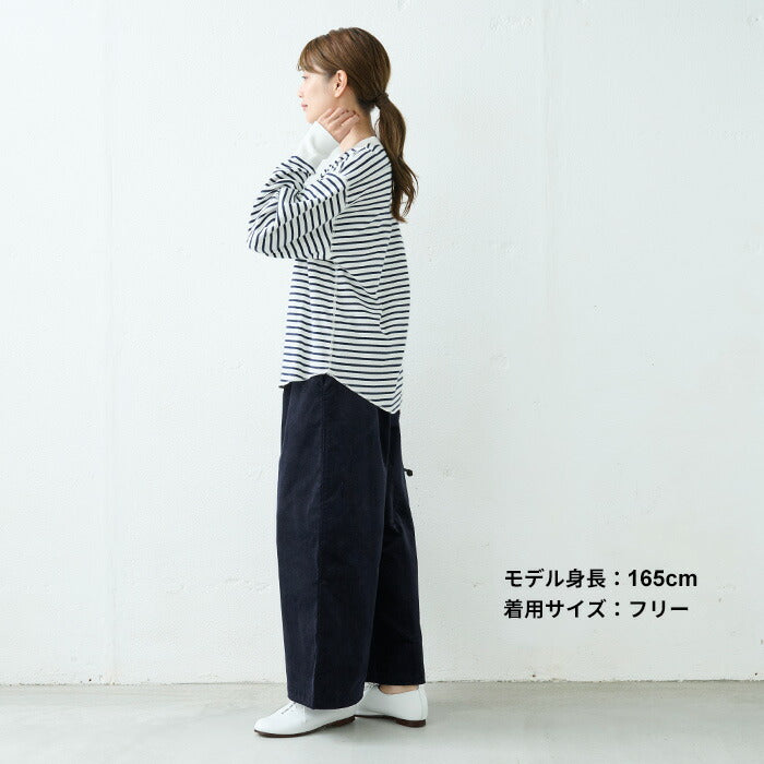 [ワイドパンツレディースきれいめ秋冬]コットンベロアワイドパンツ/日本製40代50代60代30代女性ファッション別珍ストレッチゴムコットン綿イージーパンツウエストゴム冬秋ポケット付き無地ロングパンツふんわり体型カバー大人