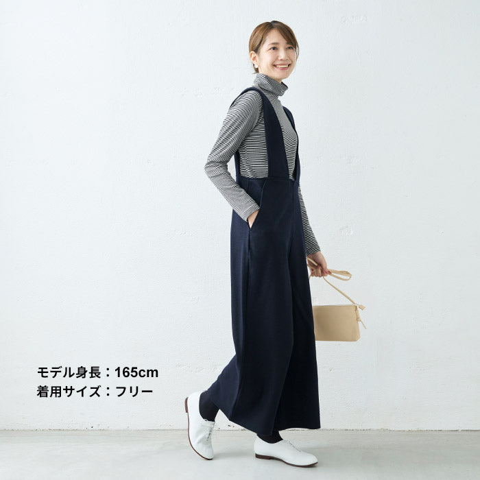 [オールインワンパンツレディース秋冬]圧縮ウール100%オーバーオール/日本製40代50代30代女性サロペット上品きれいめおしゃれ大人ラフ紺黒つなぎVネックワイドウール大きめゆったり冬秋暖かい