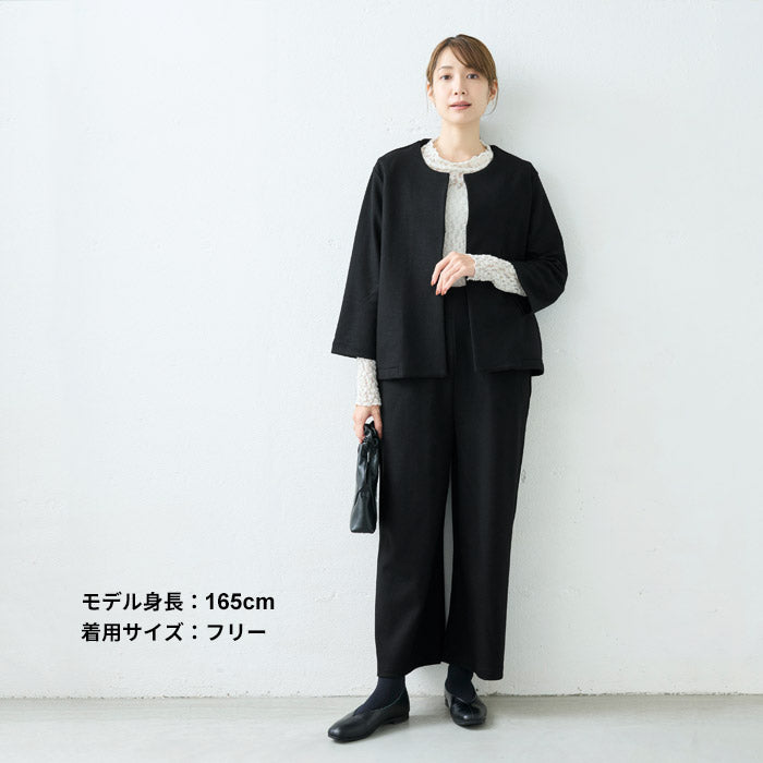 [オールインワンパンツレディース秋冬]圧縮ウール100%オーバーオール/日本製40代50代30代女性サロペット上品きれいめおしゃれ大人ラフ紺黒つなぎVネックワイドウール大きめゆったり冬秋暖かい