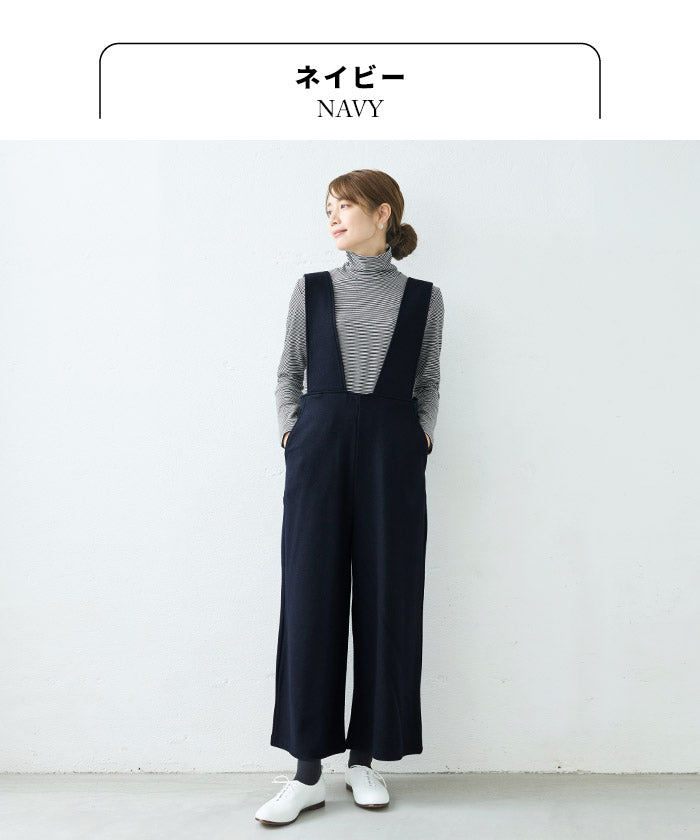 [オールインワンパンツレディース秋冬]圧縮ウール100%オーバーオール/日本製40代50代30代女性サロペット上品きれいめおしゃれ大人ラフ紺黒つなぎVネックワイドウール大きめゆったり冬秋暖かい
