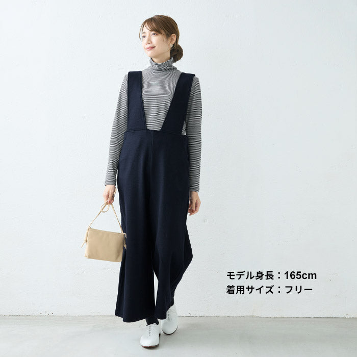 [オールインワンパンツレディース秋冬]圧縮ウール100%オーバーオール/日本製40代50代30代女性サロペット上品きれいめおしゃれ大人ラフ紺黒つなぎVネックワイドウール大きめゆったり冬秋暖かい