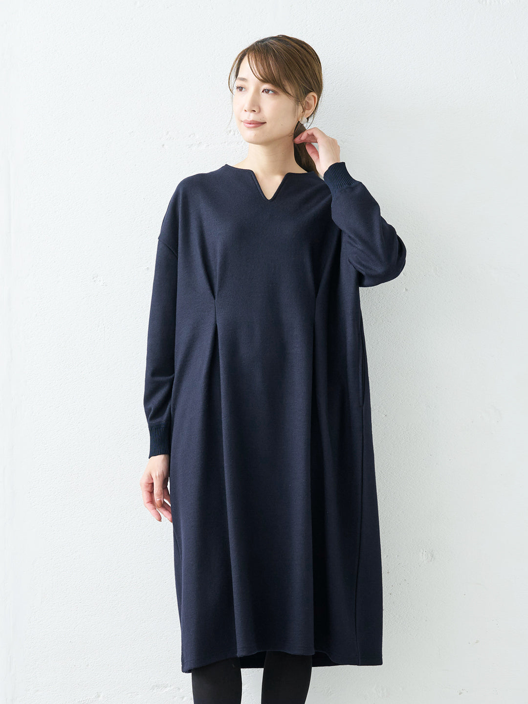 圧縮ウール100% リブ使い ウエストタック ワンピース