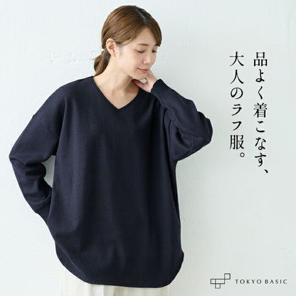 圧縮ウール100％ リブ使い Vネック プルオーバー