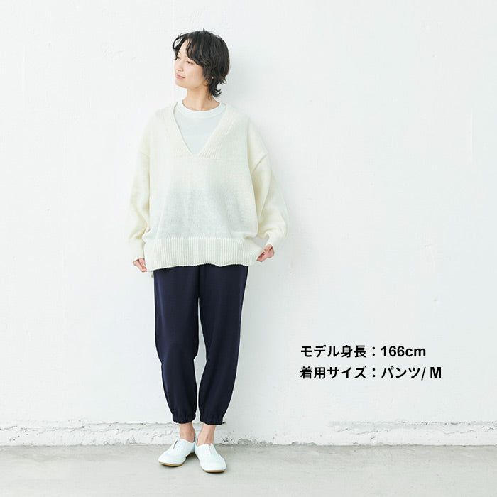 [卒業式母服装50代パンツスーツセレモニースーツ]圧縮ウール100%Vネックゆったりプルオーバー＋裾ギャザーパンツ2点セット/日本製30代40代60代きれいめ上下セット礼服七五三母ママ祖母ストレッチ入学式ママスーツ秋冬秋冬