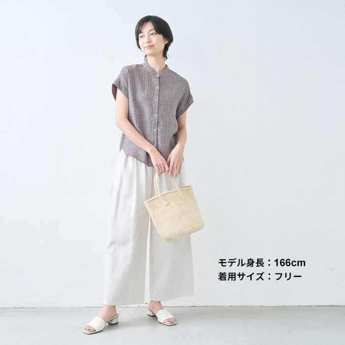 [夏薄手半袖シャツレディースブラウス]リネン100%ストライプバンドカラーフレンチスリーブシャツ/日本製40代50代60代リネンシャツ麻100リネン麻涼しい速乾おしゃれこなれカジュアルトップスすっきり