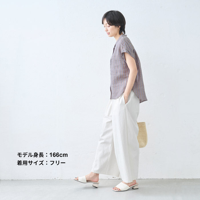[夏薄手半袖シャツレディースブラウス]リネン100%ストライプバンドカラーフレンチスリーブシャツ/日本製40代50代60代リネンシャツ麻100リネン麻涼しい速乾おしゃれこなれカジュアルトップスすっきり
